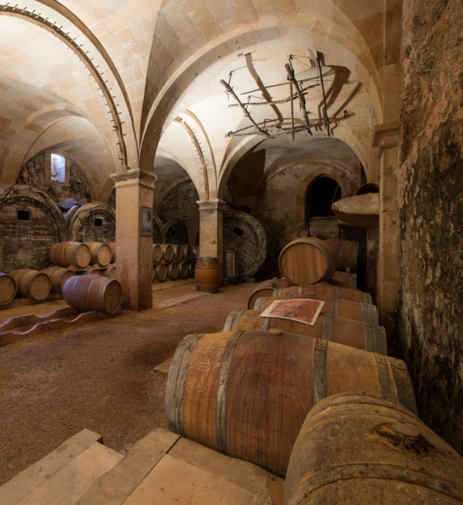 Bodega albergando barriles de vino