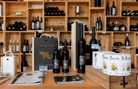 Regal und Tisch voller Weinflaschen in der Weinhandlung Can Feliu